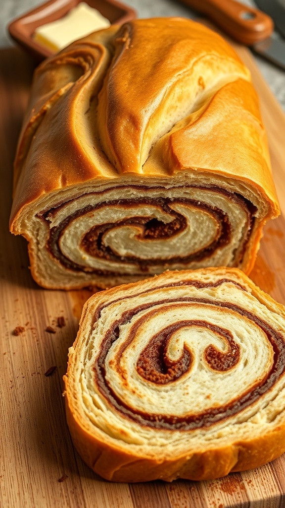 Sliced cinnamon swirl bread on a wooden cutting board, showcasing the cinnamon filling, with butter and cinnamon in the background.